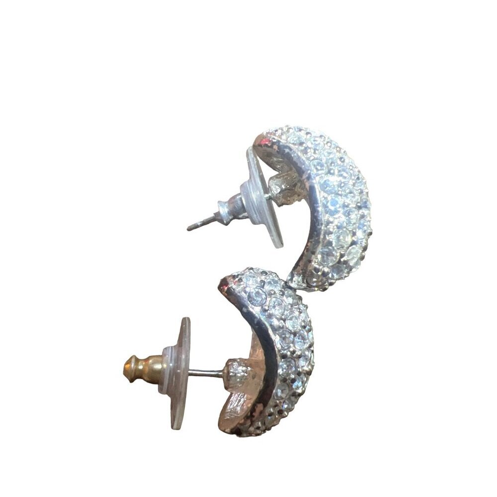 Vintage Pave Faux Diamond Silver Pierced Earrings Huggies